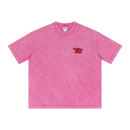 285GSM Unisex Distressed Snow-Wash Batik Plain Fabric Short-Sleeve T-shirt Pink