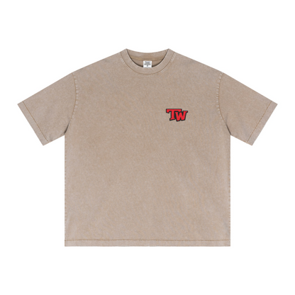 285GSM Unisex Distressed Snow-Wash Batik Plain Fabric Short-Sleeve T-shirt khaki