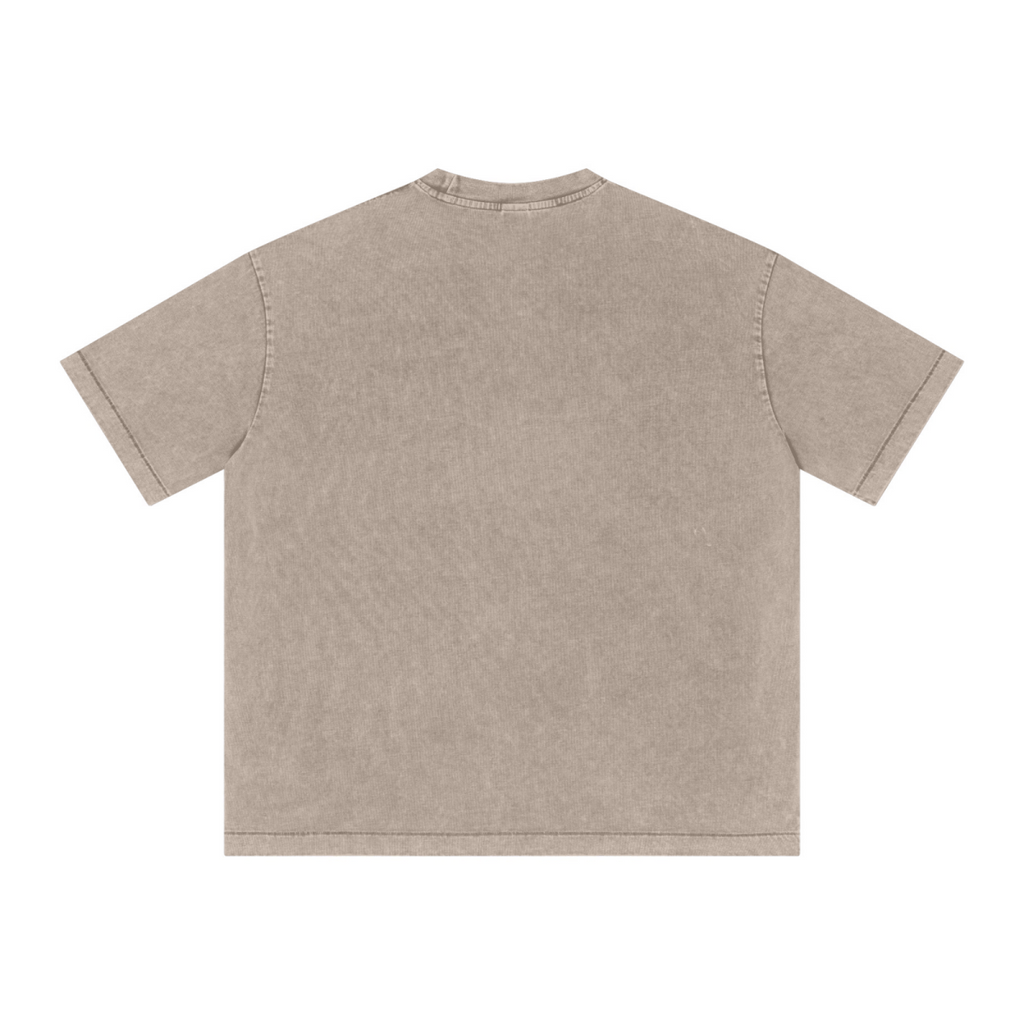 285GSM Unisex Distressed Snow-Wash Batik Plain Fabric Short-Sleeve T-shirt khaki