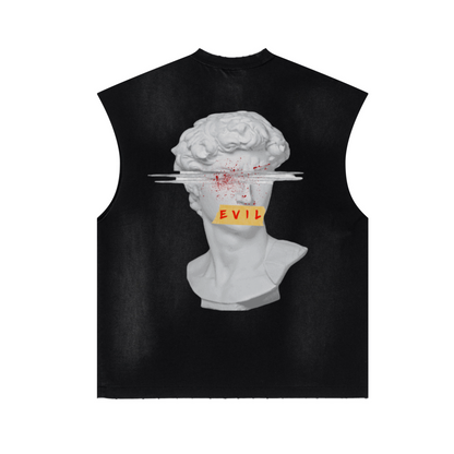 285GSM Unisex Monkey-Wash PP Spray Distressed Sleeveless Top Vintage Black
