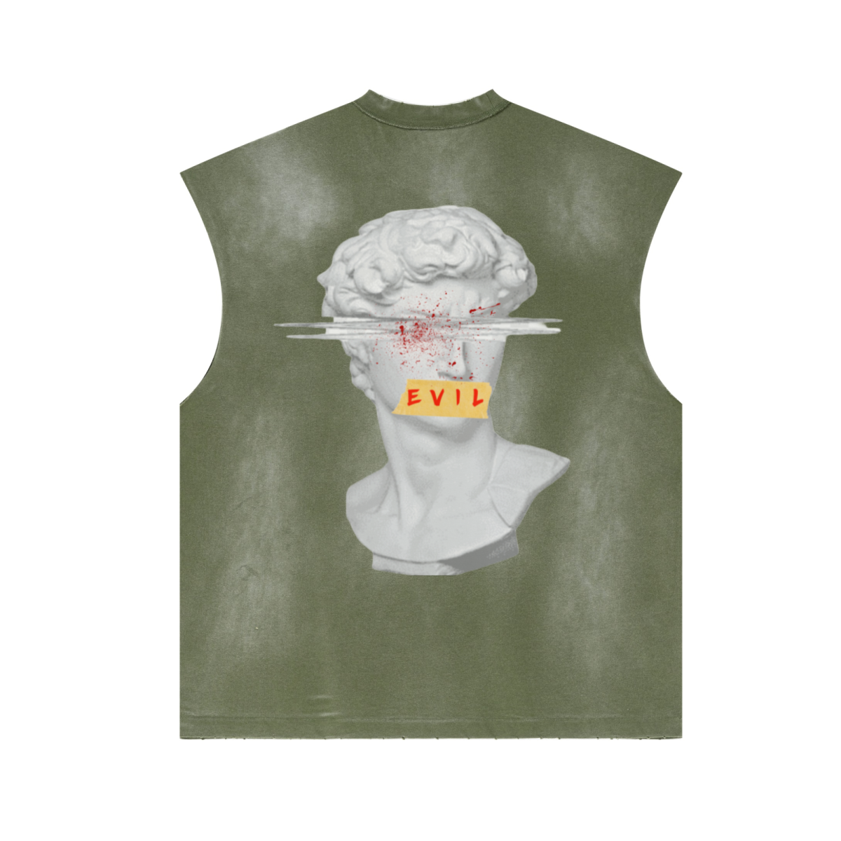 285GSM Unisex Monkey-Wash PP Spray Distressed Sleeveless Top Vintage Military Green