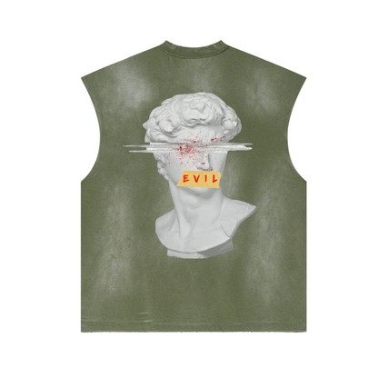 285GSM Unisex Monkey-Wash PP Spray Distressed Sleeveless Top Vintage Military Green