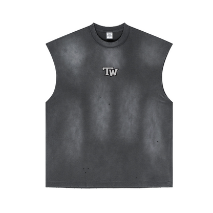 285GSM Unisex Monkey-Wash PP Spray Distressed Sleeveless Top 	Vintage Dark Grey