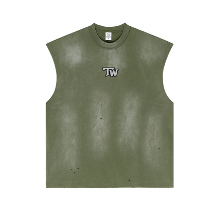 285GSM Unisex Monkey-Wash PP Spray Distressed Sleeveless Top Vintage Military Green