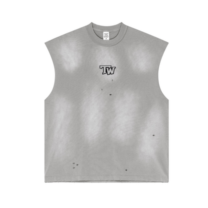 285GSM Unisex Monkey-Wash PP Spray Distressed Sleeveless Top Vintage Medium Grey