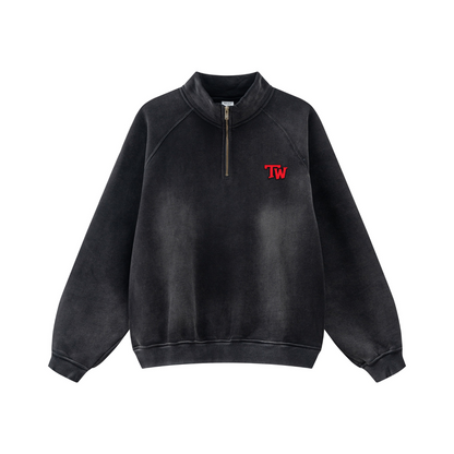 360GSM Unisex Fall/Winter New PP-Sprayed (Monkey Wash) Half-Zip Stand Collar Hoodie Black