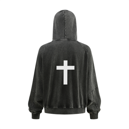480GSM Men's Boxy-Fit Short and Wide Pigment-Wash Heavyweight Zip-Up Panel Hoodie Snowflake Grey