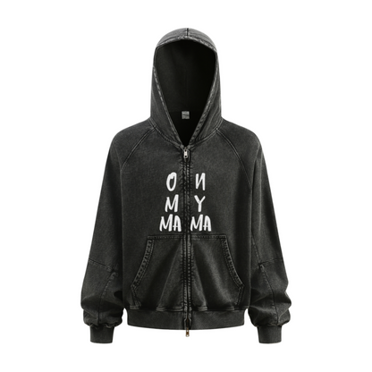 480GSM Men's Boxy-Fit Short and Wide Pigment-Wash Heavyweight Zip-Up Panel Hoodie Snowflake Grey