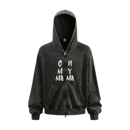 480GSM Men's Boxy-Fit Short and Wide Pigment-Wash Heavyweight Zip-Up Panel Hoodie Snowflake Grey